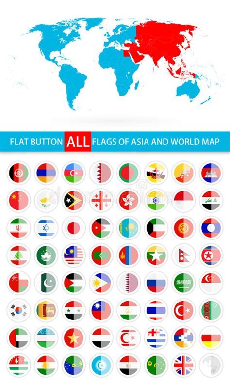 Round Flat Button Flags Of Asia Complete Set And World Map Flag Set In