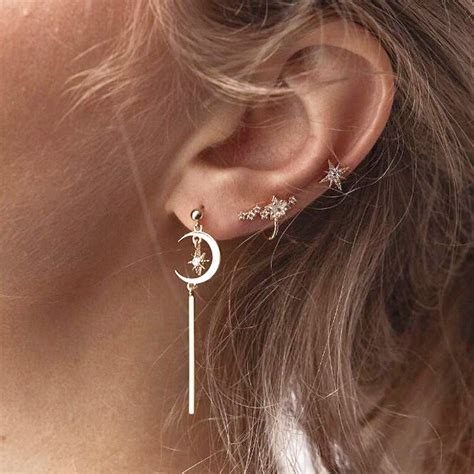 Giulia Cute Moon And Star Cartilage Piercing Ear Cuff Earring Set 3 Piec Mybodiart