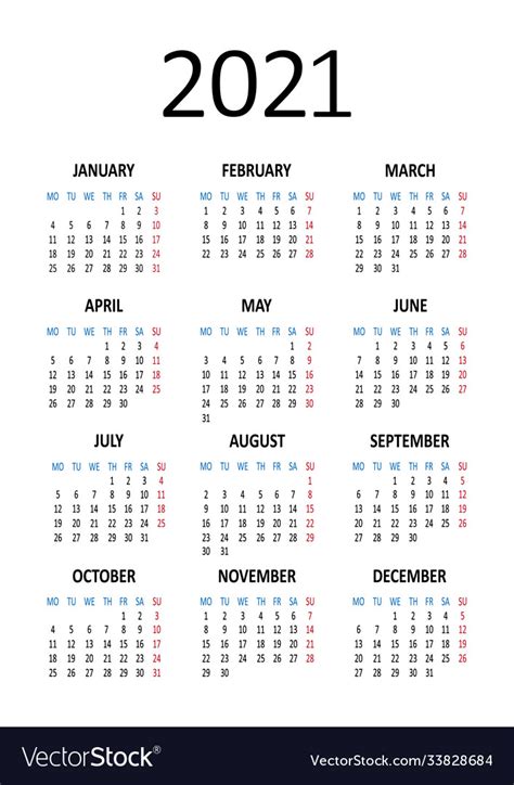 Yearly Calendar 2021 Week Starts From Monday Vector Image