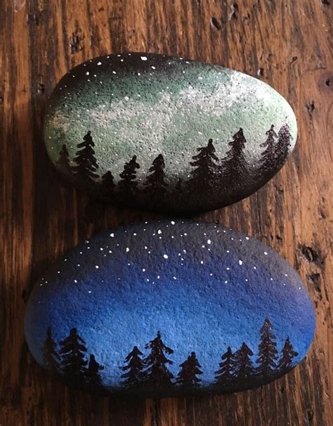 Painted Rocks Night Sky Stars Trees Rock Painting In 2020 Rock