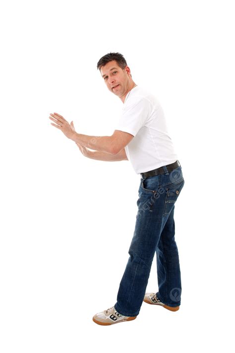 Man Is Pushing Push Looking Isolated Leaning Png Transparent Image