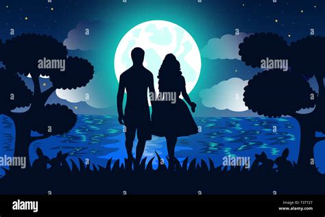 Romantic Illustration Under Moonlight Silhouette Of Couple Holding