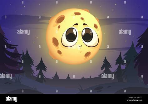Cute Moon Character In Night Sky With Stars Vector Cartoon Illustration Of Dark Forest