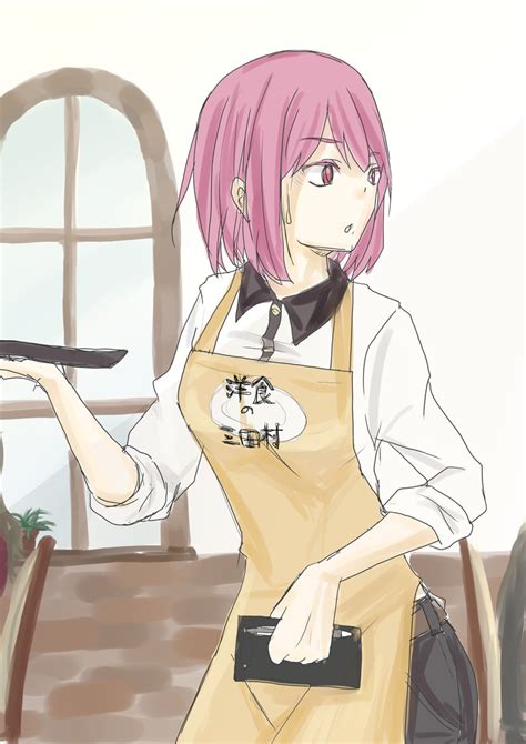 Safebooru 1girl Apron Arato Hisako Belt Breasts Open Mouth Pants Pink