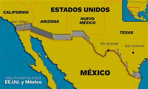 Mapa De La Frontera Entre Mexico Y Estados Unidos Con Su Valla