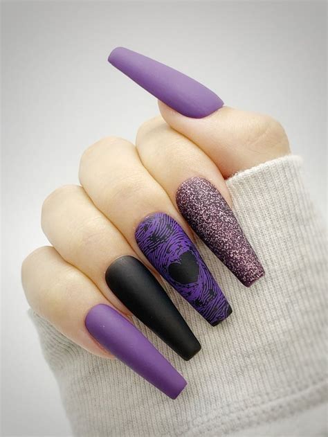 Purple Press On Nails Black Glue On Nails Finger Print Nail Etsy In Purple Glitter