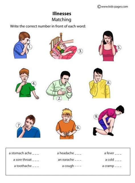 General term for any condition that makes a person feel sick for a certain period of time. Illnesses Matching worksheet | Learning english for kids ...