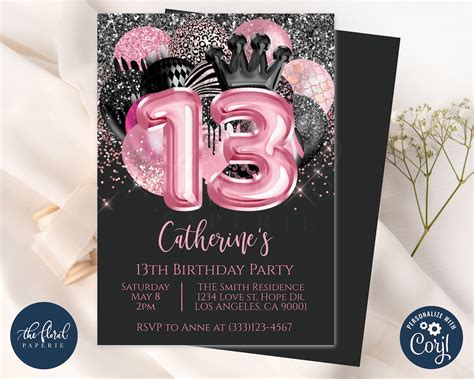 13th Birthday Invitation Template Editable Black And Pink Etsy