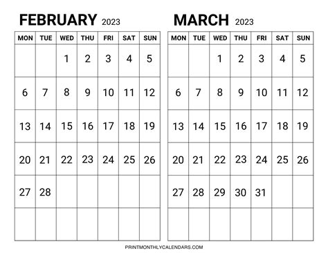 February March 2023 Calendar Template Printable Two Month Planner