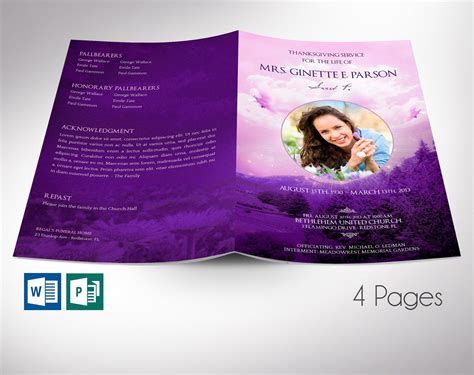 Purple Sky Funeral Program Word Publisher Template 4 Pages Print