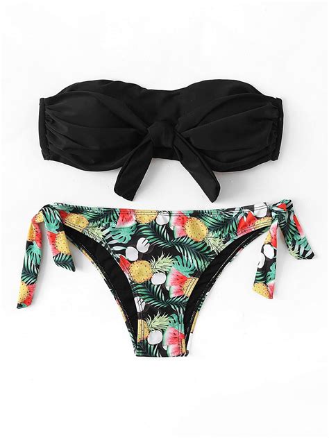 Black Ruched Swimsuit Bandeau With Tropical Tie Side Bikini Bottom
