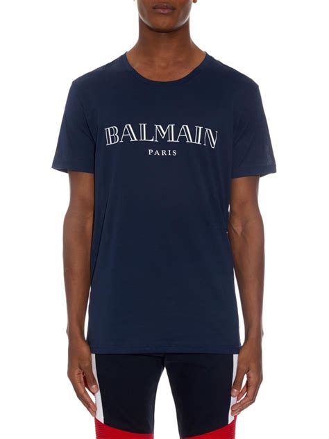 Balmain Logo Print Cotton Jersey T Shirt In Blue For Men Lyst