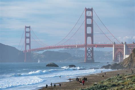 classic panoramic view of famous golden gate bridge seen from scenic baker beach in beautiful