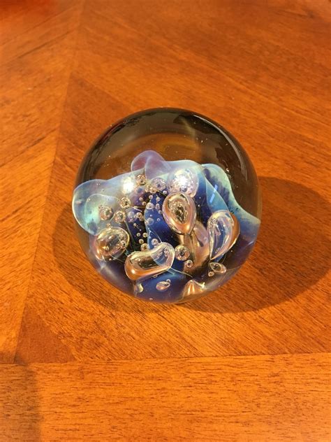 Vintage Paperweight Hand Blown Art Glass Orb With Bubbles Abstract Smoke Like Effect With Blues