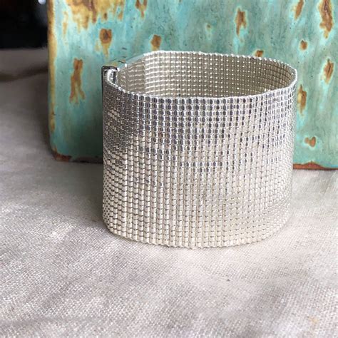Extra Wide Sterling Silver Cuff Bracelet Beadedhand Etsy Beaded