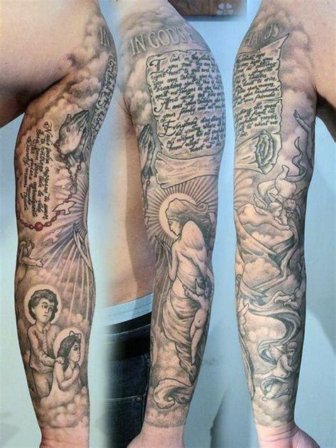 gorgeous religious themed black ink massive tattoo on sleeve tattooimages