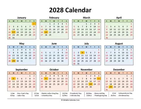 2028 Calendar With Us Holidays Editable In Excel Word Pdf