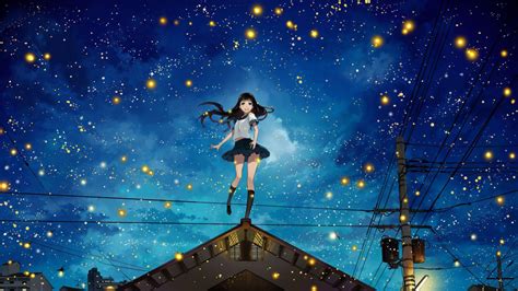 Anime Girls At Night Sky Hd Desktop Wallpaper Widescreen