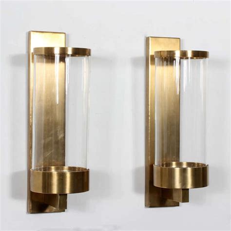 Pair Of Modern Cylinder Glass And Brass Wall Sconces