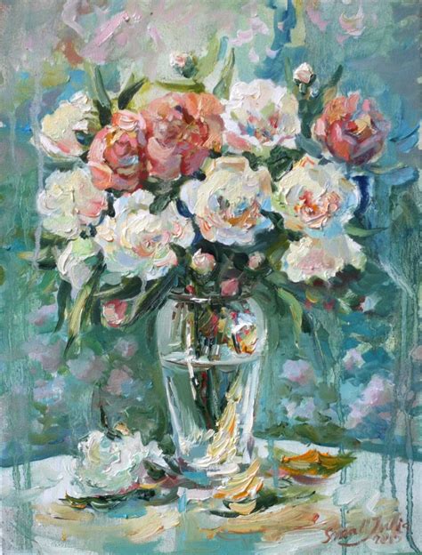 Peonies In A Glass Vase Painting By Paintings By Various Artists From