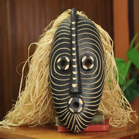 Unicef Market Hand Carved African Mask With Raffia Northern Water