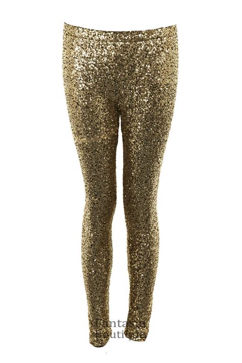 Ladies Gold Sequin Full Length Leggings Womens Party Evening Trousers