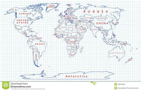 Political Map Of The World Drawn With Blue Pen Stock Vector