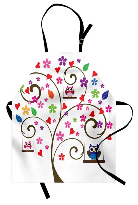 Owls Apron Tree With Flowers And Owls Swinging Curvy Ornamental Lines Playful Design Artistic
