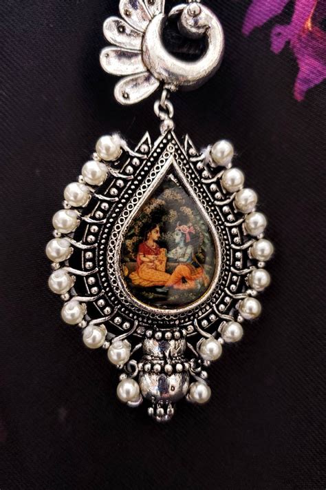 Radha Krishna Indian Pearl Chandbali Earrings Miniature Portrait