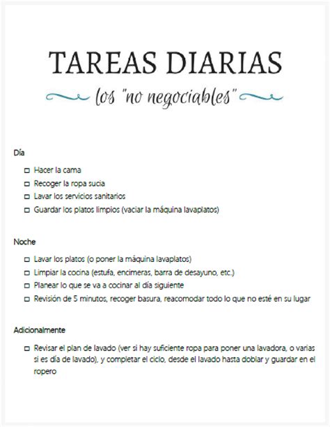 A White Sheet With The Words Tareas Diarias Written In Spanish