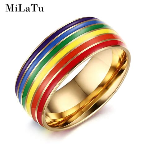 Milatu Stainless Steel Gay And Lesbian Pride Rings Rainbow Jewelry Silvergold Color Engagement