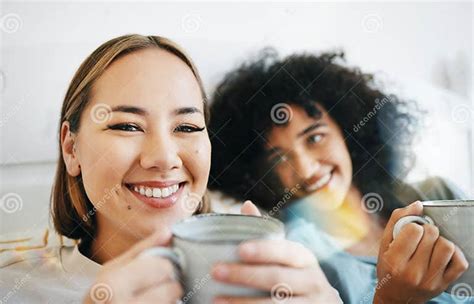 Coffee Smile And Portrait Of Lesbian Couple On Bed In Conversation For Bond And Relax Together