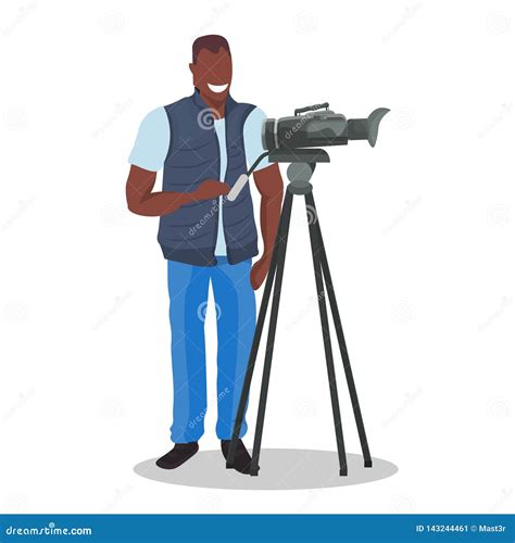 African American Television Operator Using Video Camera On Tripod Happy