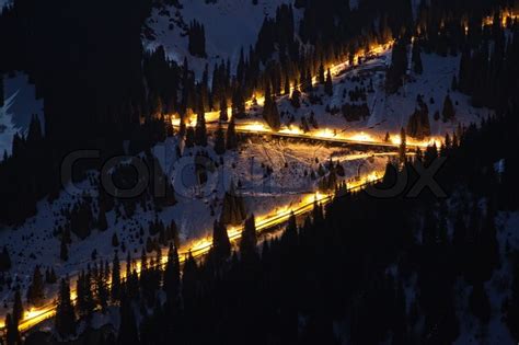 Night Road By Mountain Ski Resort Chimbulak In Almaty Kazakhstan