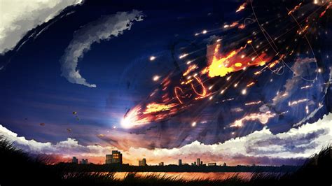 Download 1920x1080 Anime Landscape Meteor Clouds Buildings Sky