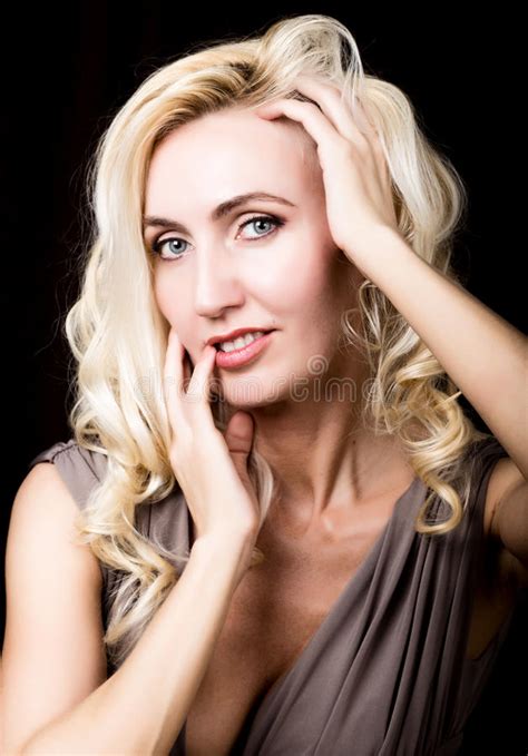 Close Up Of Red Lips Of Seductive Blonde Girl Brought His Hands To His Face Stock Image Image