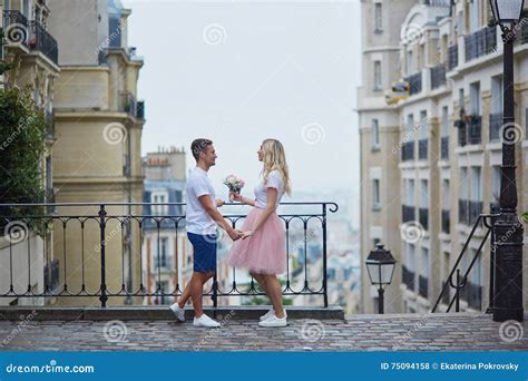 Couple On Montmartre In Paris France Stock Photo Image Of Happy