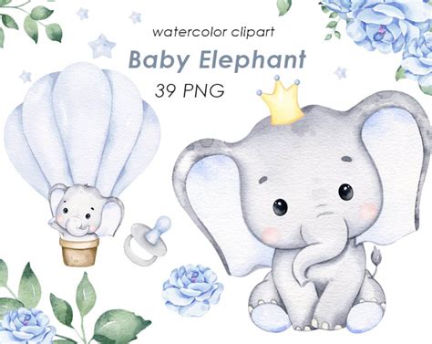 Elephant Watercolor Clipart Cute Baby Elephant Png Baby Boy Etsy