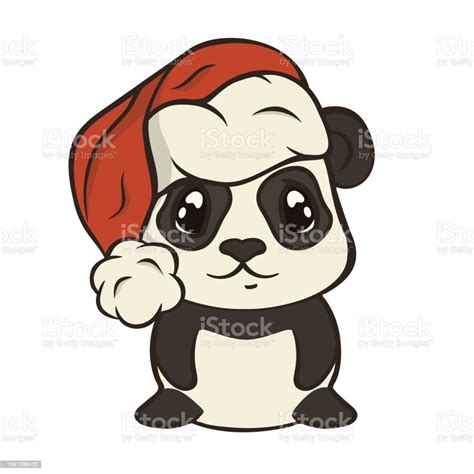 Cute Christmas Cartoon Panda Bear Character In Santas Hat With Pompon