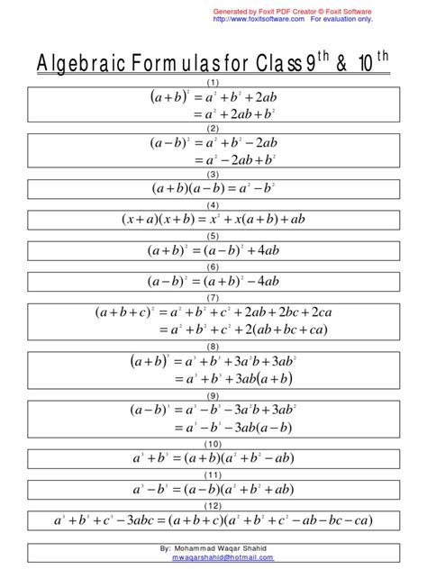 Algebraic Formulas For Class 9th And 10th