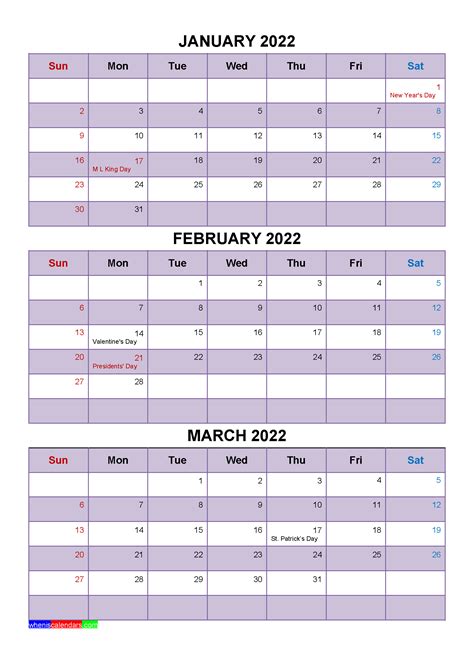 January February March 2022 Calendar With Holidays Four Quarters