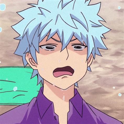 an anime character with blue hair wearing a purple shirt