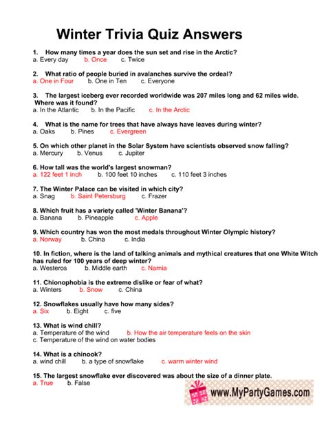 Free Printable Winter Trivia Quiz With Answers In Quiz With
