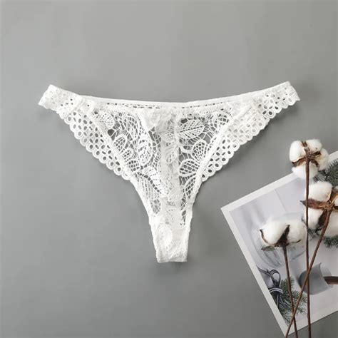 Women Panties Thong Semi Sheer Sexy Patchwork Lace Floral Hollow Out