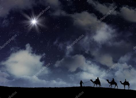Three Wise Men Follow Star With Space Background — Stock