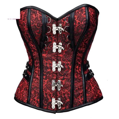 Redblack Brocade Steampunk Corset Dress Couture Gothic Clothing Steel
