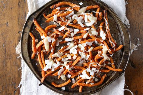 Cut your sweet potatoes in half lengthwise, then cut the sweet potatoes evenly into even fry shapes and place into a large bowl. Sweet potato fries with coconut marshmallow vanilla sauce ...