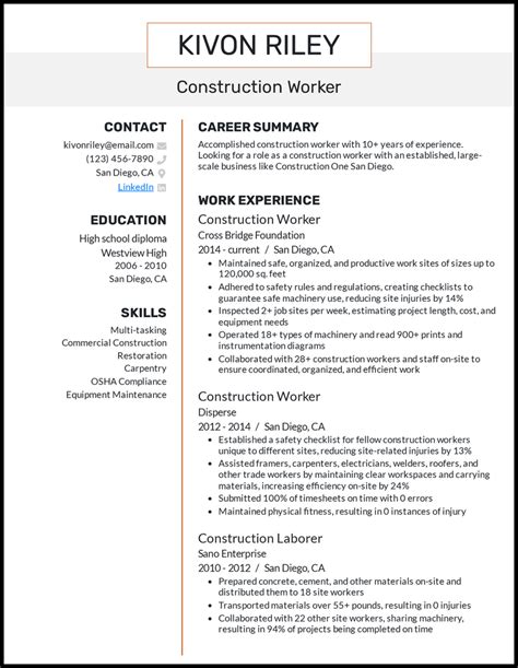 Cv Template For Construction Worker