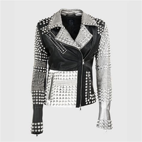 Two Tone Black And White Genuine Leather Jacket Full Silver Studded For