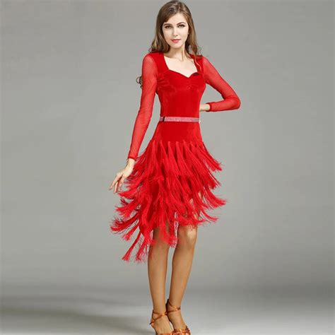 Red Black Velvet Latin Ballroom Dress Modern Dance Costume Samba Latin Dress Fringe Latin Dance